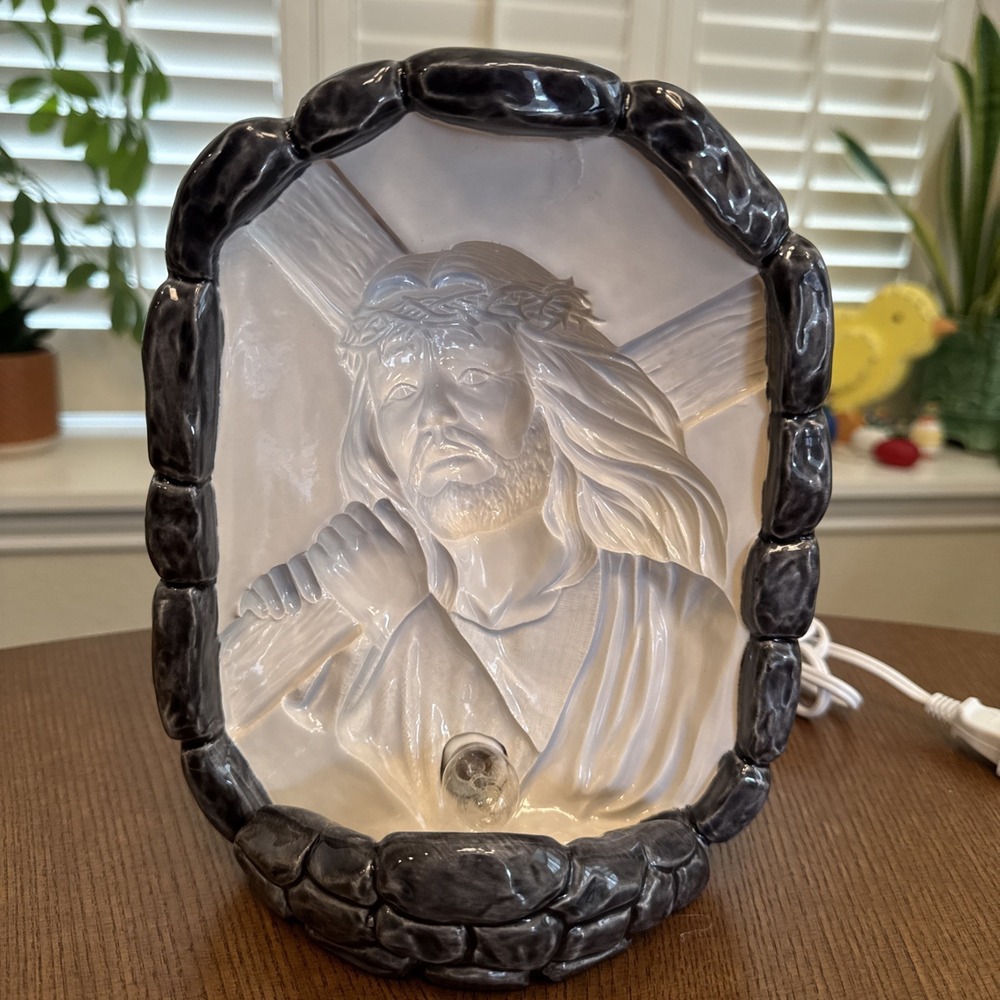 Holographic Ceramic Jesus Bearing Cross Light Gray Glazed Stone Finish